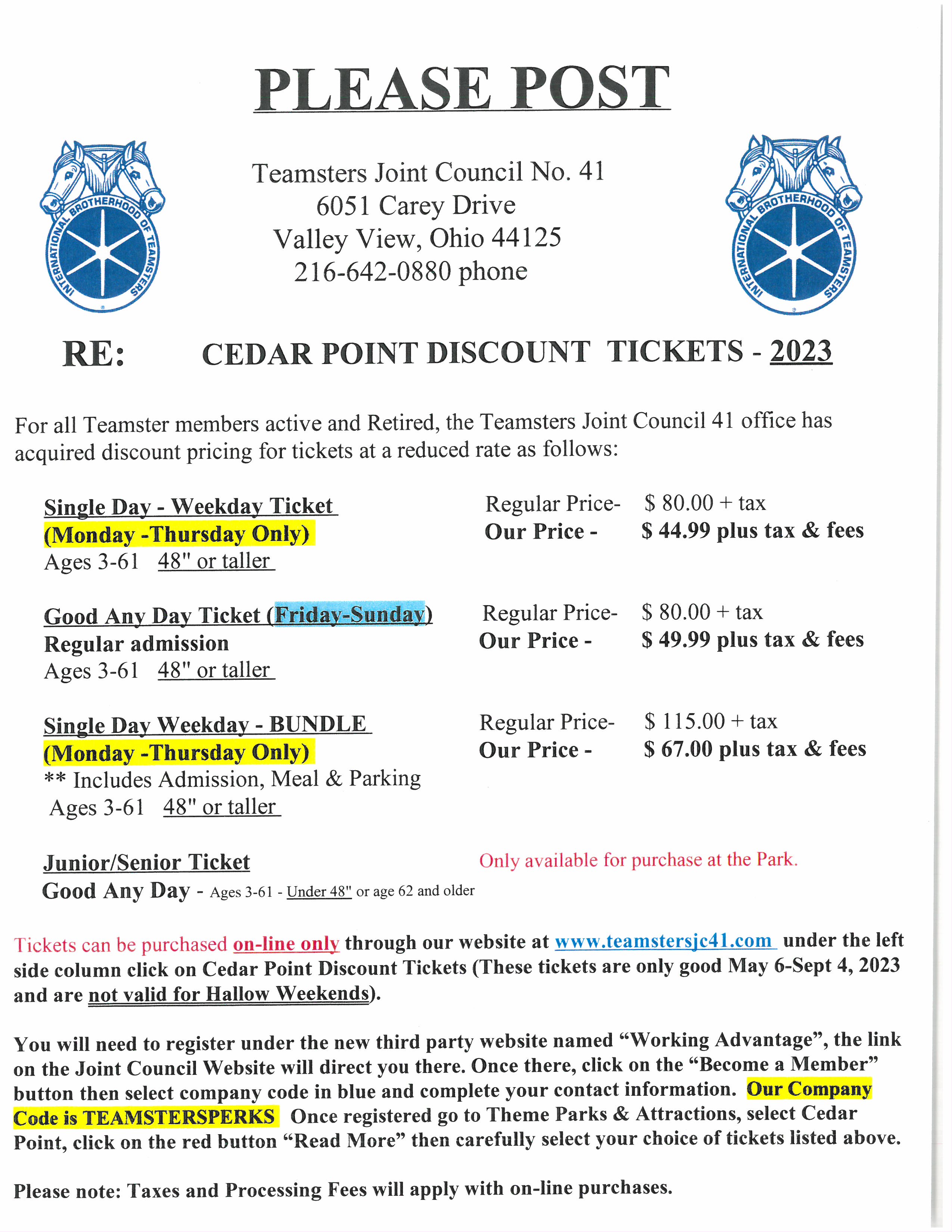 Teamsters Joint Council 41 CEDAR POINT DISCOUNT TICKETS